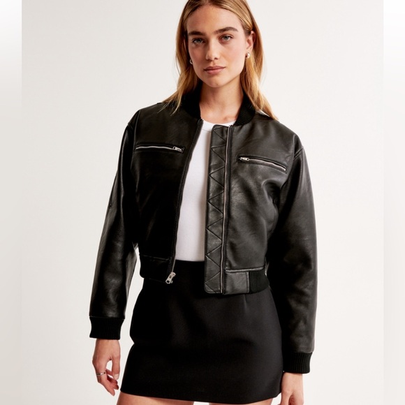 A&F Cropped Vegan Leather Bomber Jacket - Picture 4 of 6